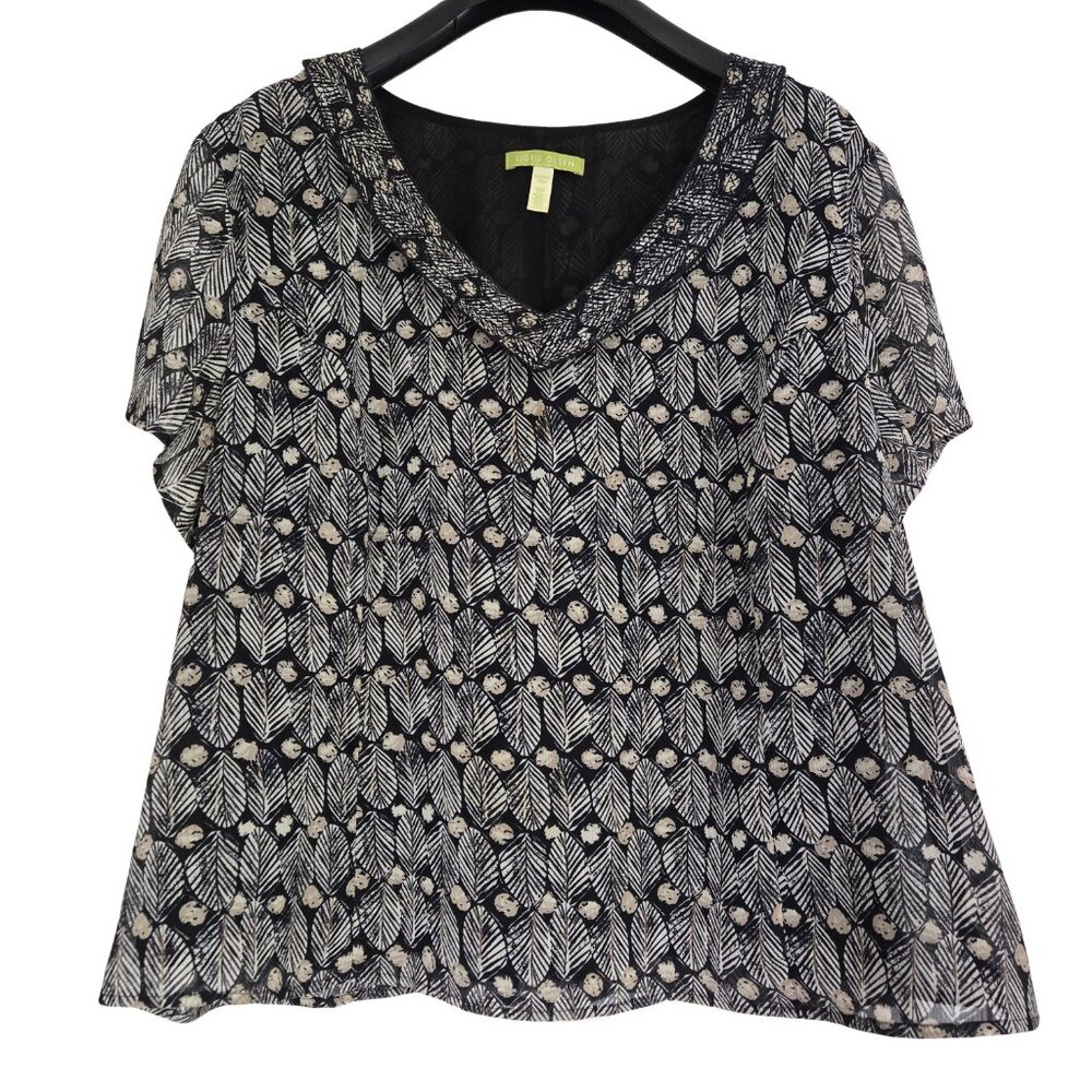 SIGRID OLSEN Black & Taupe Patterned V Neck Short Sleeve Blouse 20W